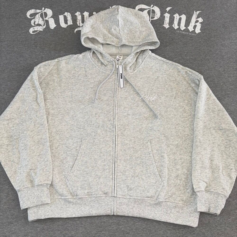 Victorias Secret PINK Full Zip Hoodie Marled Gray Ivy Fleece Sweatshirt Size XL